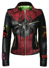 Spider Woman Biker Jacket – Black & Red Gothic Leather with Pantera Patch, Studded Moto Fit, Custom Cobweb Punk Outfit